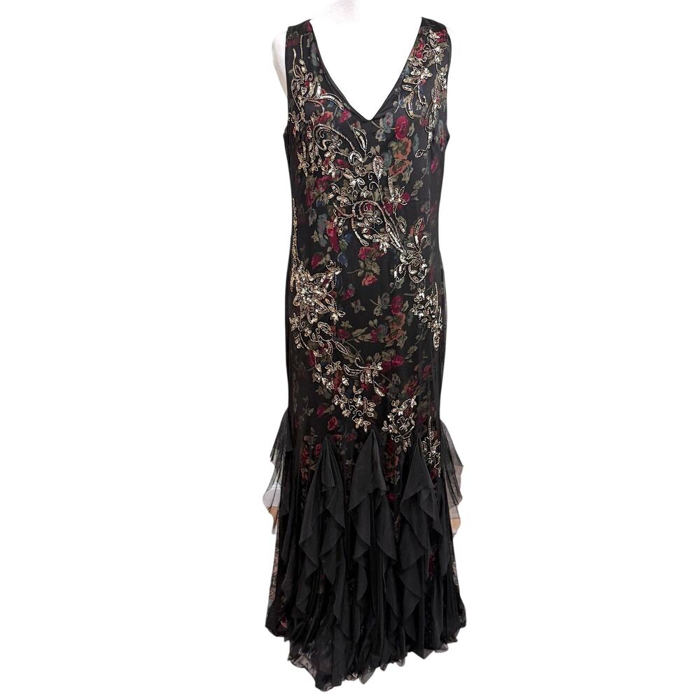 Lauren Ralph Lauren Black Beaded Sequin Evening Dress Floral Mesh Tulle Hem Gala
